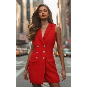 Jason Wu Boucle Dress Size Medium Red Collar V-Neck Sleeveless Double Breasted